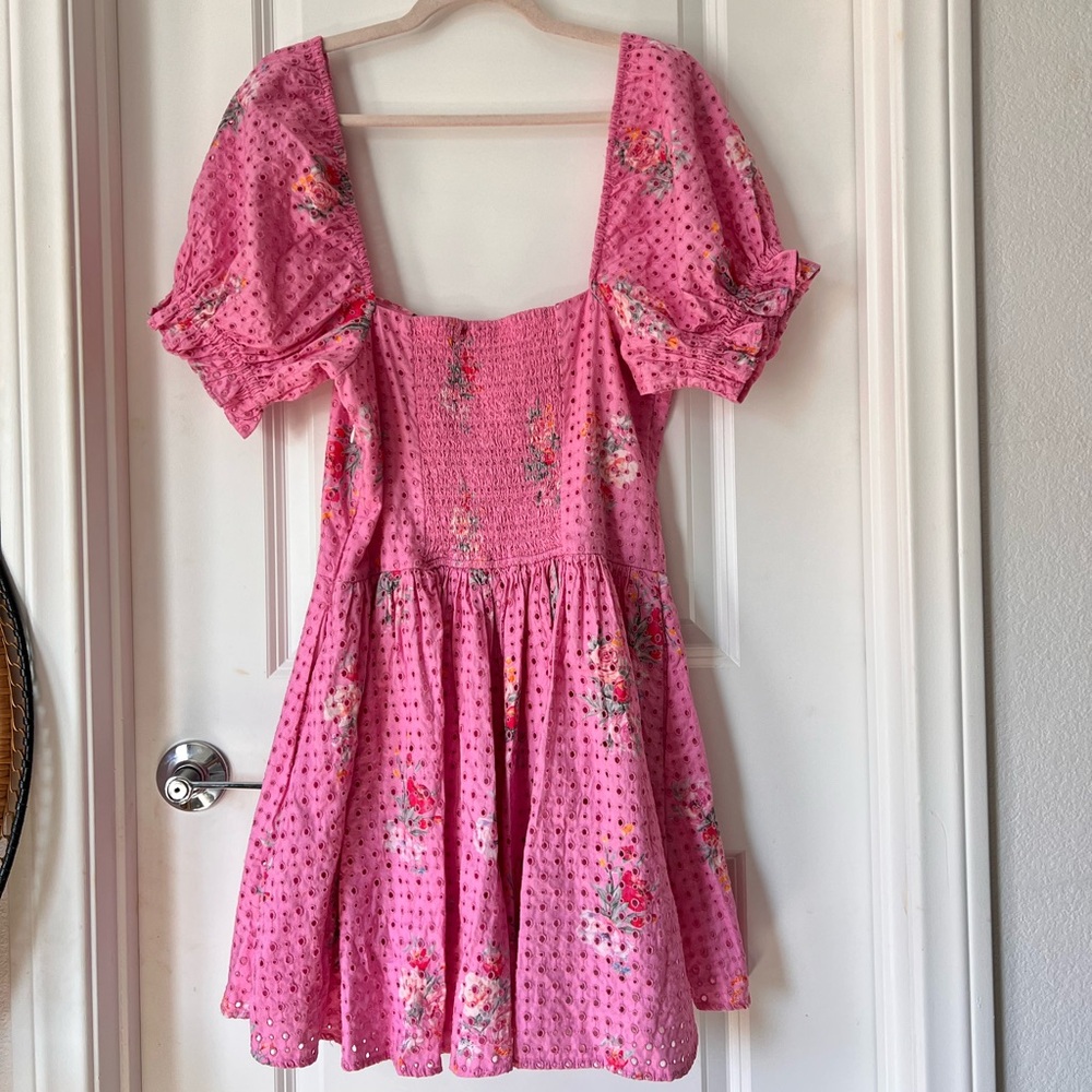 LoveShackFancy Altima Mini Dress Pink Floral Puff Sleeve 100% Cotton Medium - Picture 6 of 9